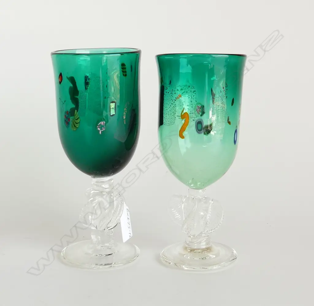 2 TALL PETER VIESNIK ART GLASSES STEMMED GOBLETS w milifiori murines Image 1++