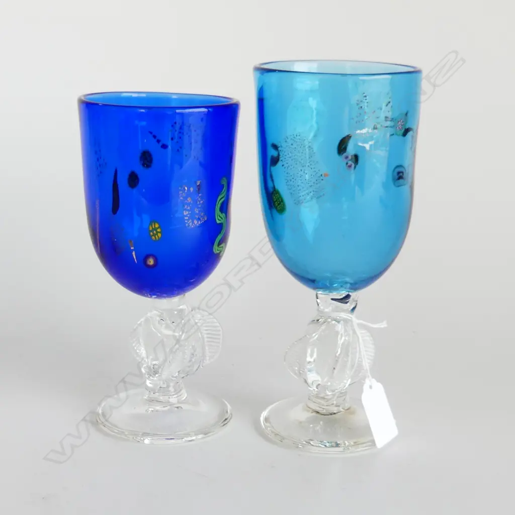 2 TALL PETER VIESNIK ART GLASSES STEMMED GOBLETS w milifiori murines Image 1++