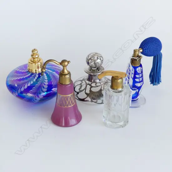 5 VINTAGE SCENT BOTTLES, COBALT CUT GLASS, SILVER OVERLAY ETC.