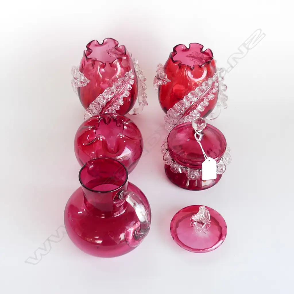 5 PCES VICTORIAN RUBY / CRANBERRY GLASS; PR VASES H.150mm (SMALL 50mm CRACK), JUG, VASE, CONTAINER w. 2 LIDS Image 1++
