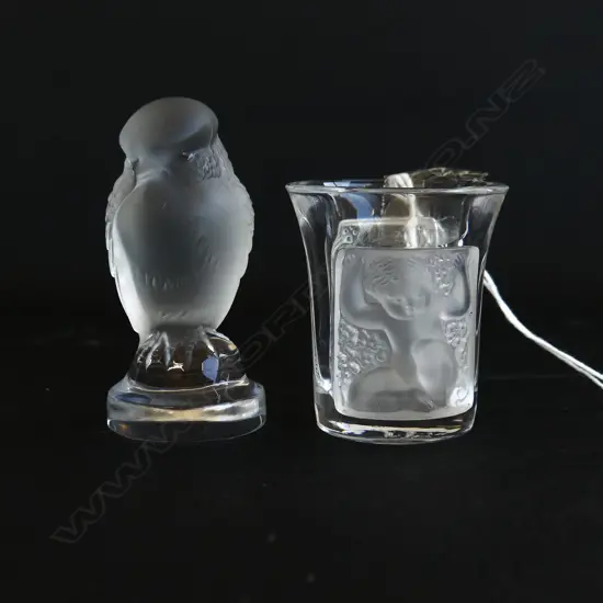 2 PCS LALIQUE GLASS; SMALL BIRD ON STAND (H. 60mm) & ENFANTS SHOT GLASS (H.47mm) BOTH SIGNED