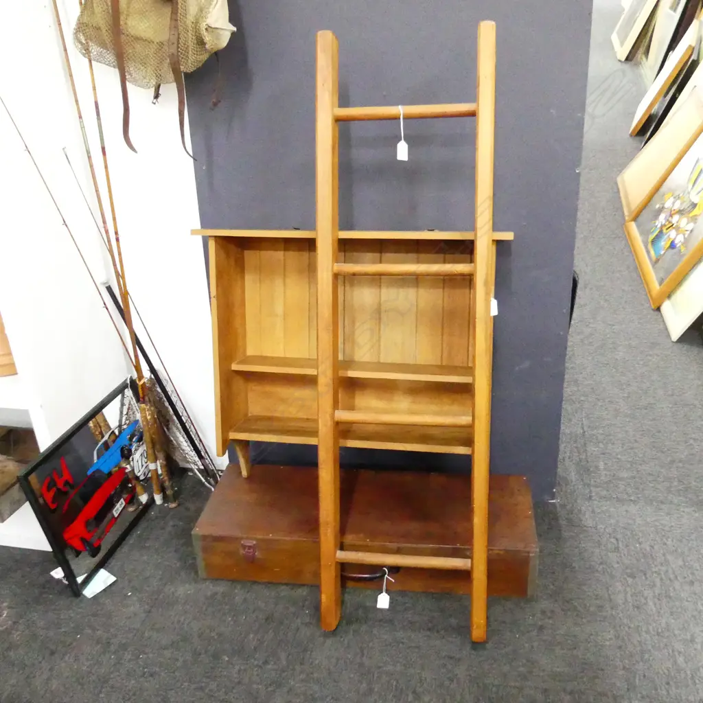 RIMU LADDER H.1200mm W.340mm + WOODEN WALL SHELF 675x235x615mm Image 1++