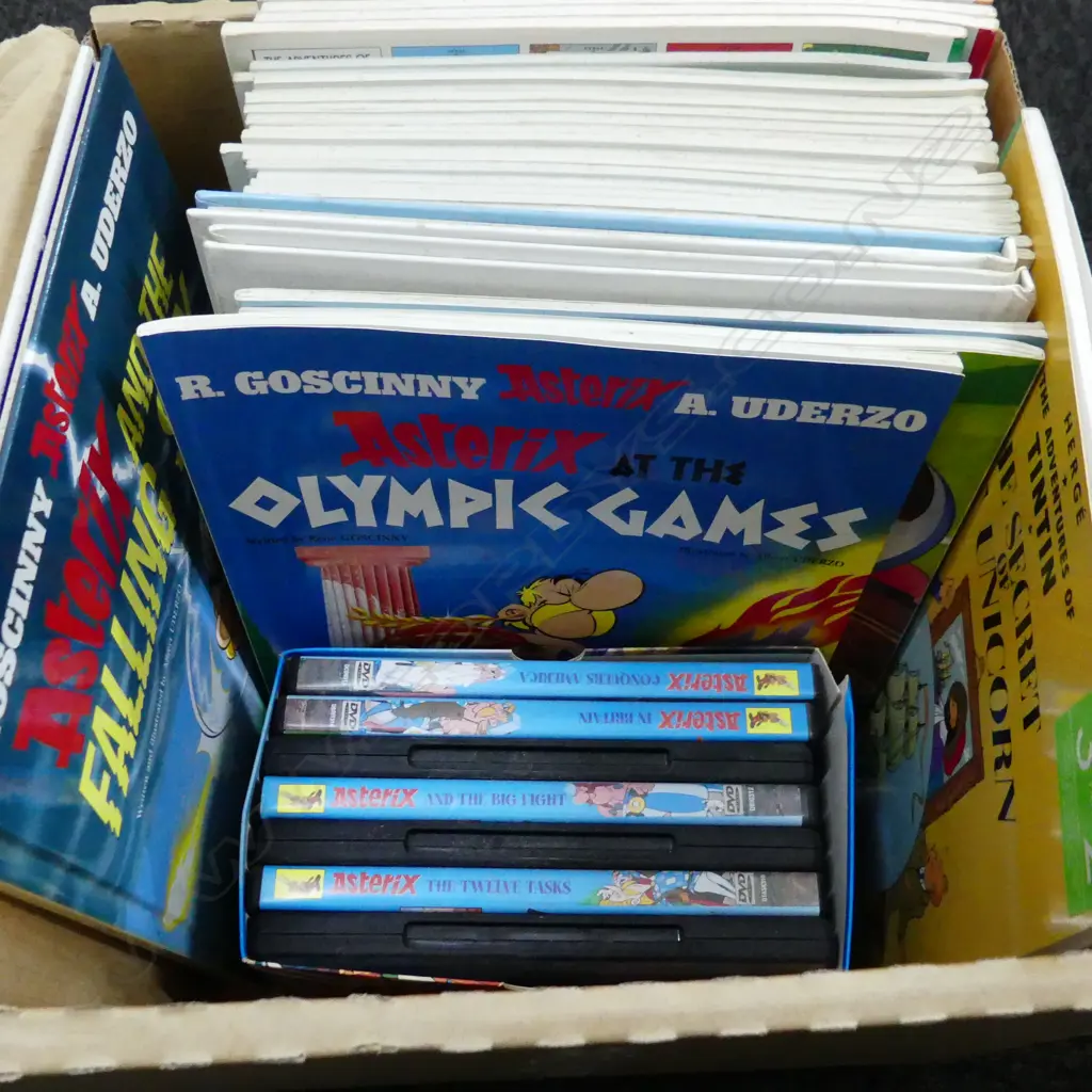 BOX LOT ASTERIX BOOKS ASTERIX DVDS & TINTIN BOOKS Image 1++