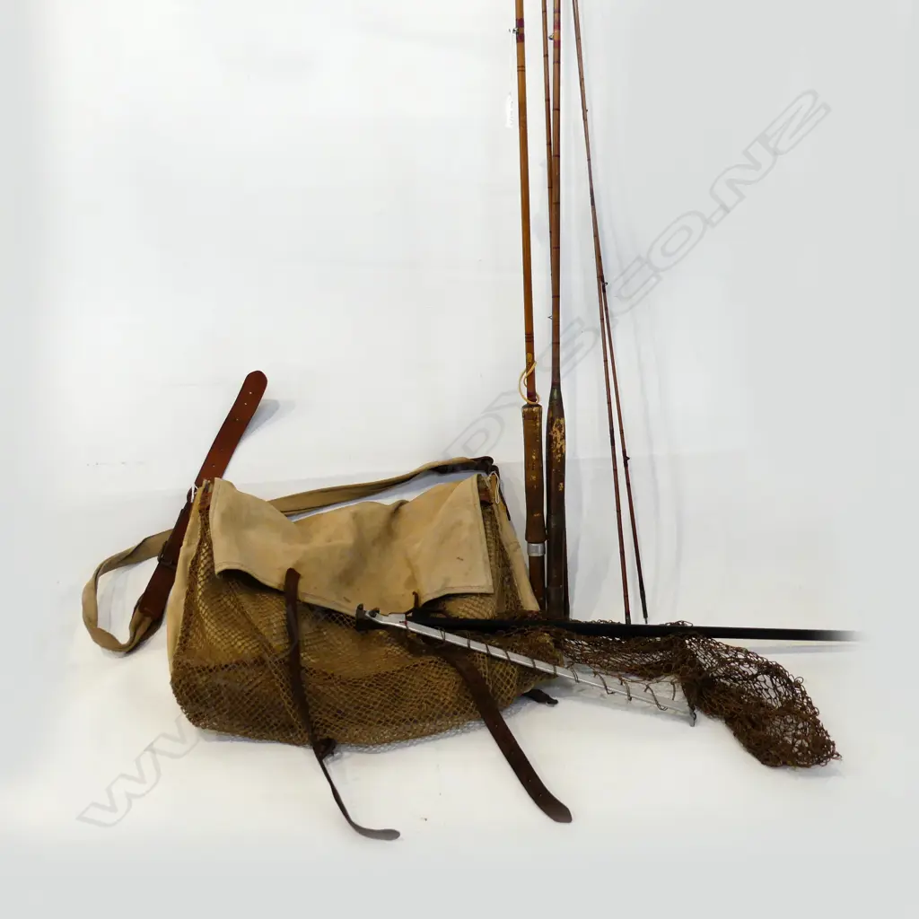 2 VINTAGE CANE FISHING RODS + FOLDING NET & CANVAS BAG Image 1++