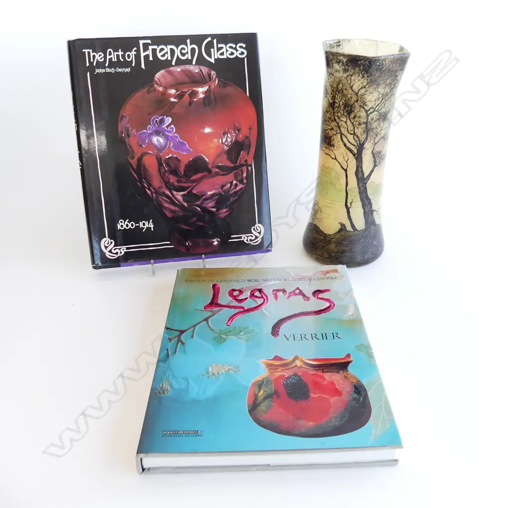 EARLY 20thC H/PAINTED GLASS VASE, MANNER OF LEGRAS, TWILIGHT LANDSCAPE H.275mm + 2 BOOKS; FRENCH GLASS / LEGRAS Image 1++