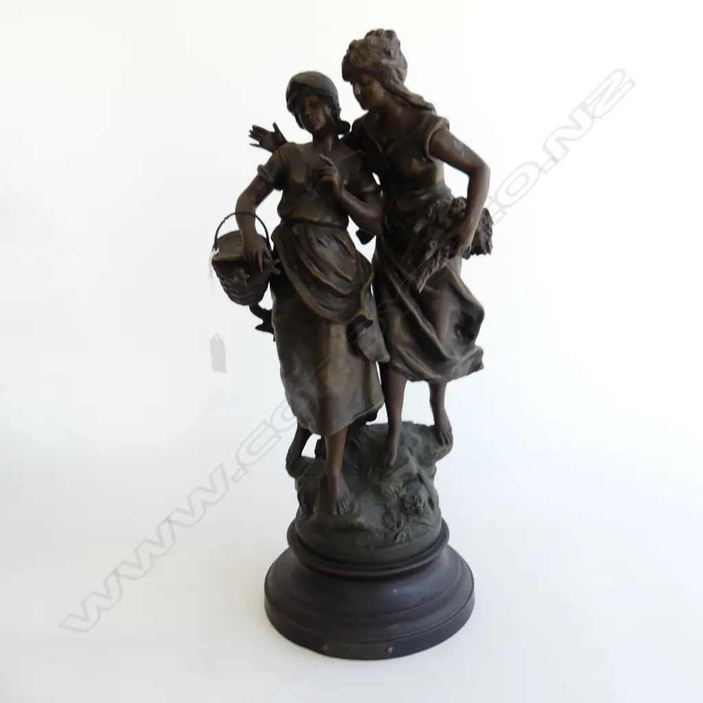 LG ANTIQUE FRENCH SPELTER - 2 WOMEN 'RETOUR DU MARCHE'  H.540mm Image 1++