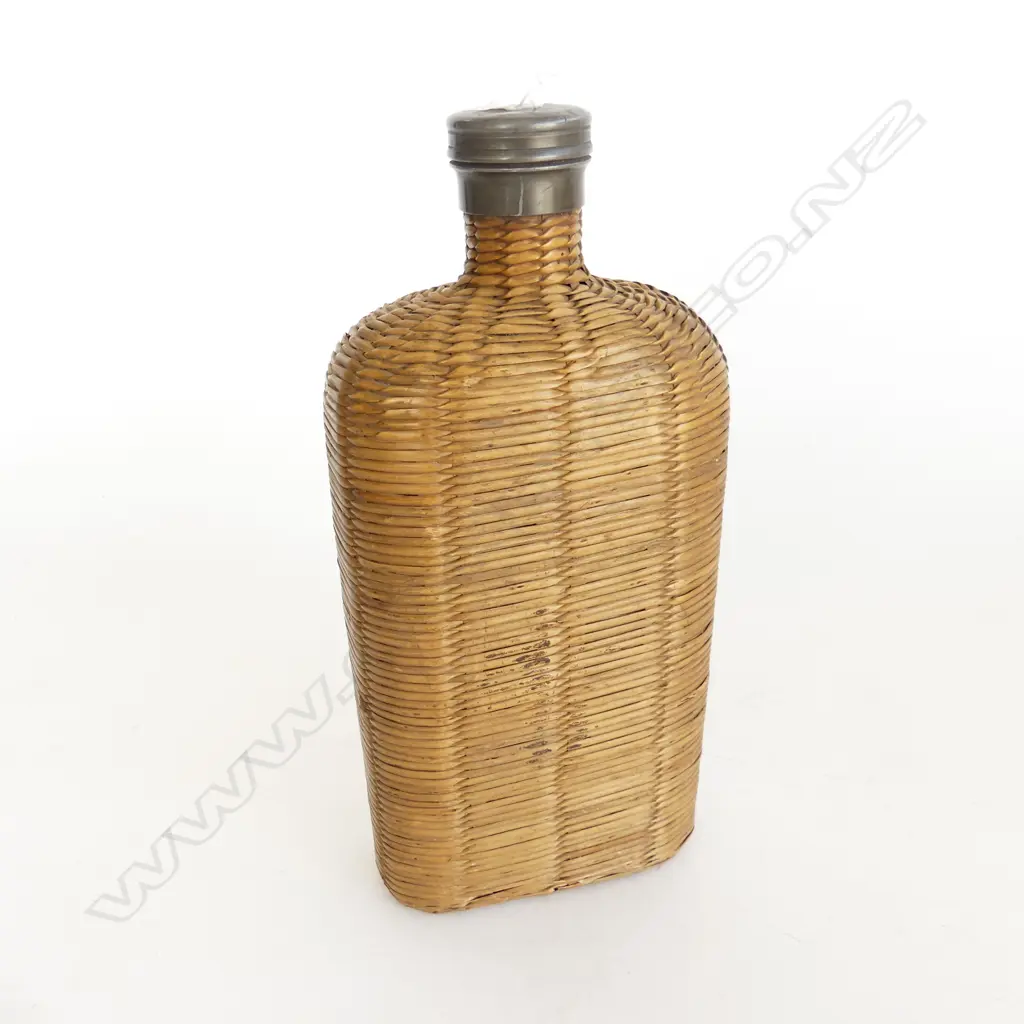 early 20thC FINELY CANE BOUND GLASS FLASK pewter screw lid H.245mm. Image 1++