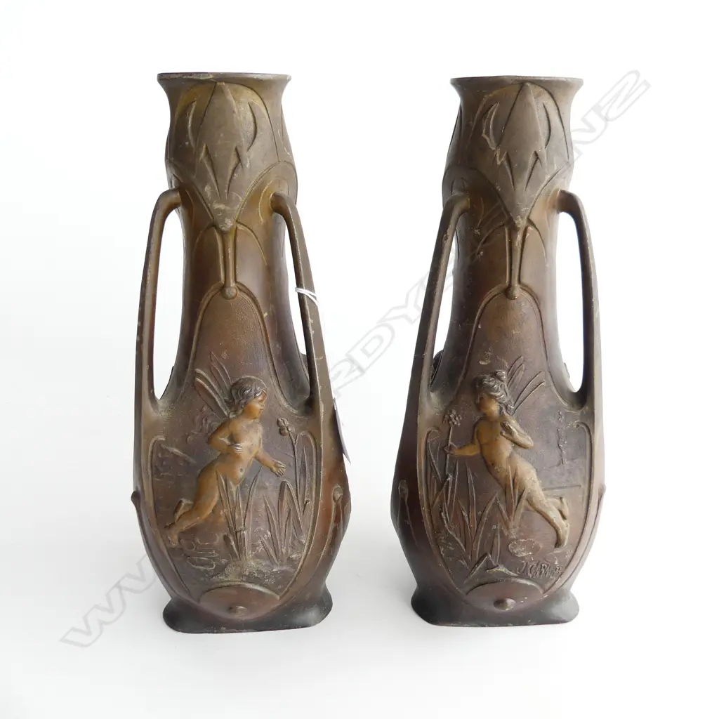 PR BRONZED SPELTER ART NOUVEAU VASES WITH NYMPHS. H. 300mm Image 1++