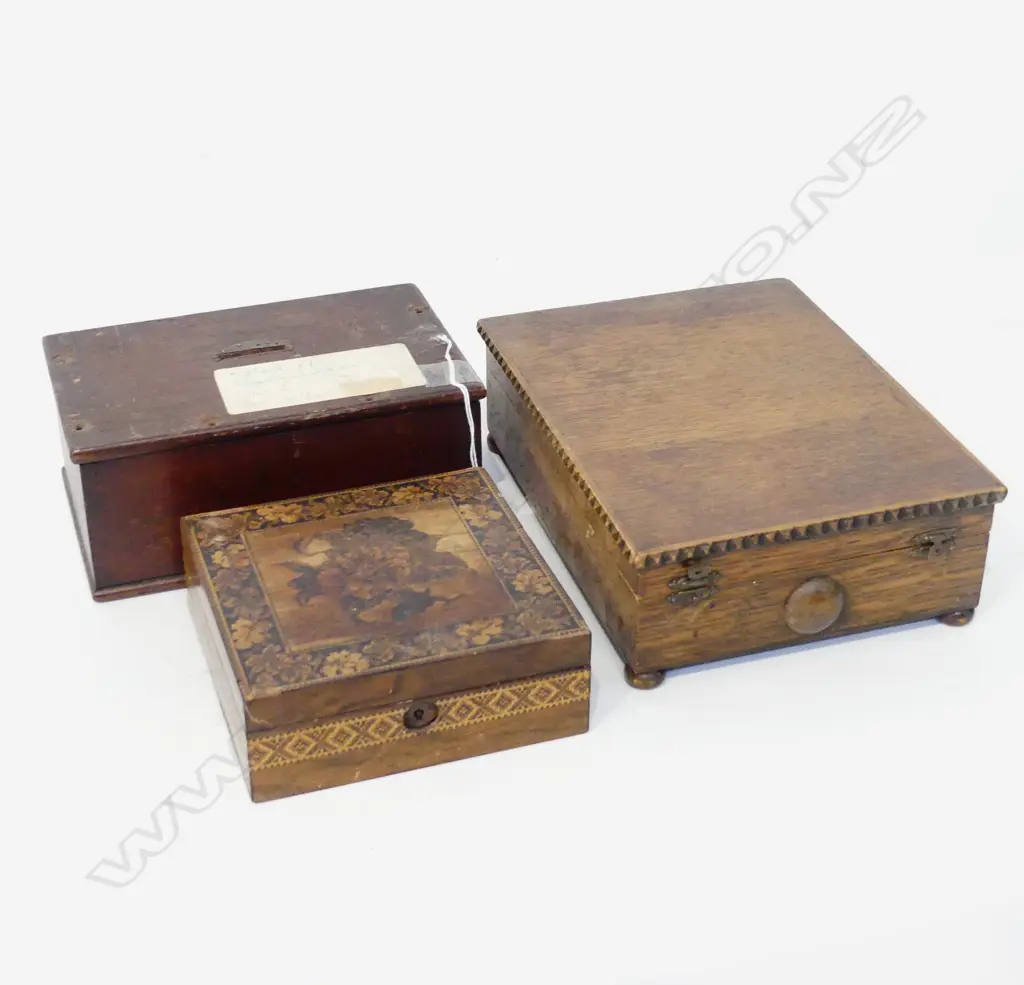 3 VINTAGE WOODEN BOXES; INLAID, COIN SLOT, ETC Image 1++