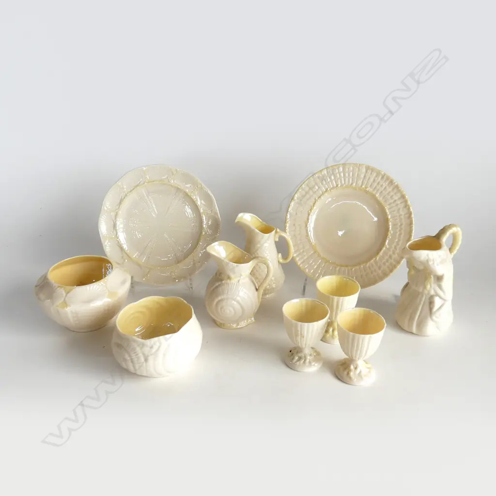 10 PCES BELLEEK GREEN LABEL; 3 EGGCUPS, 3 JUGS, 2 VASES (1 AF), 2 SAUCERS Image 1++