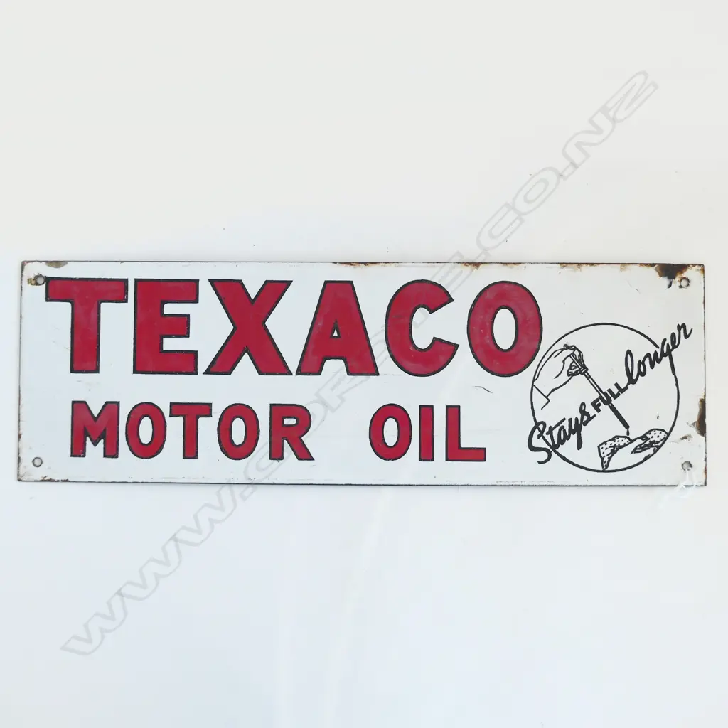 VINTAGE TEXACO MOTOR OIL 'STAYS FULL LONGER' ENAMEL SIGN. 460 X 150mm Image 1++