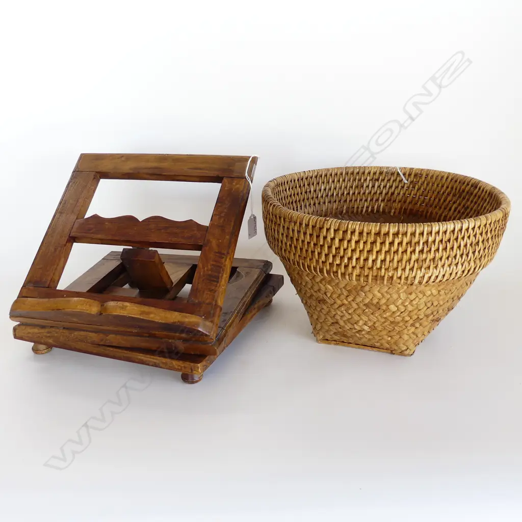 WOODEN BOOKSTAND 300x300mm + WOVEN CANE BASKET 340mm dia Image 1++