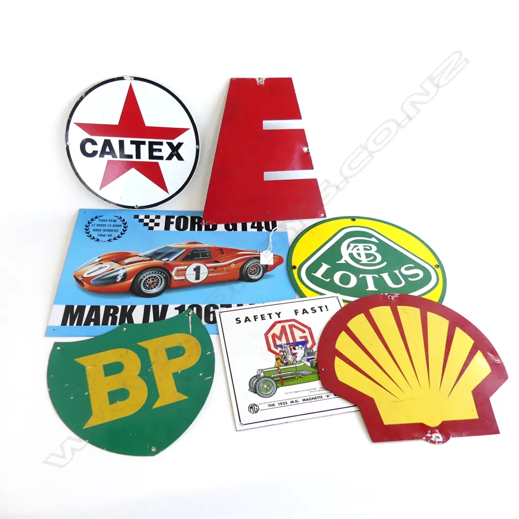 4 TIN PETROL SIGNS, LOTUS & MG ENAMEL SIGNS & FORD GT40 REPRO SIGN Image 1++