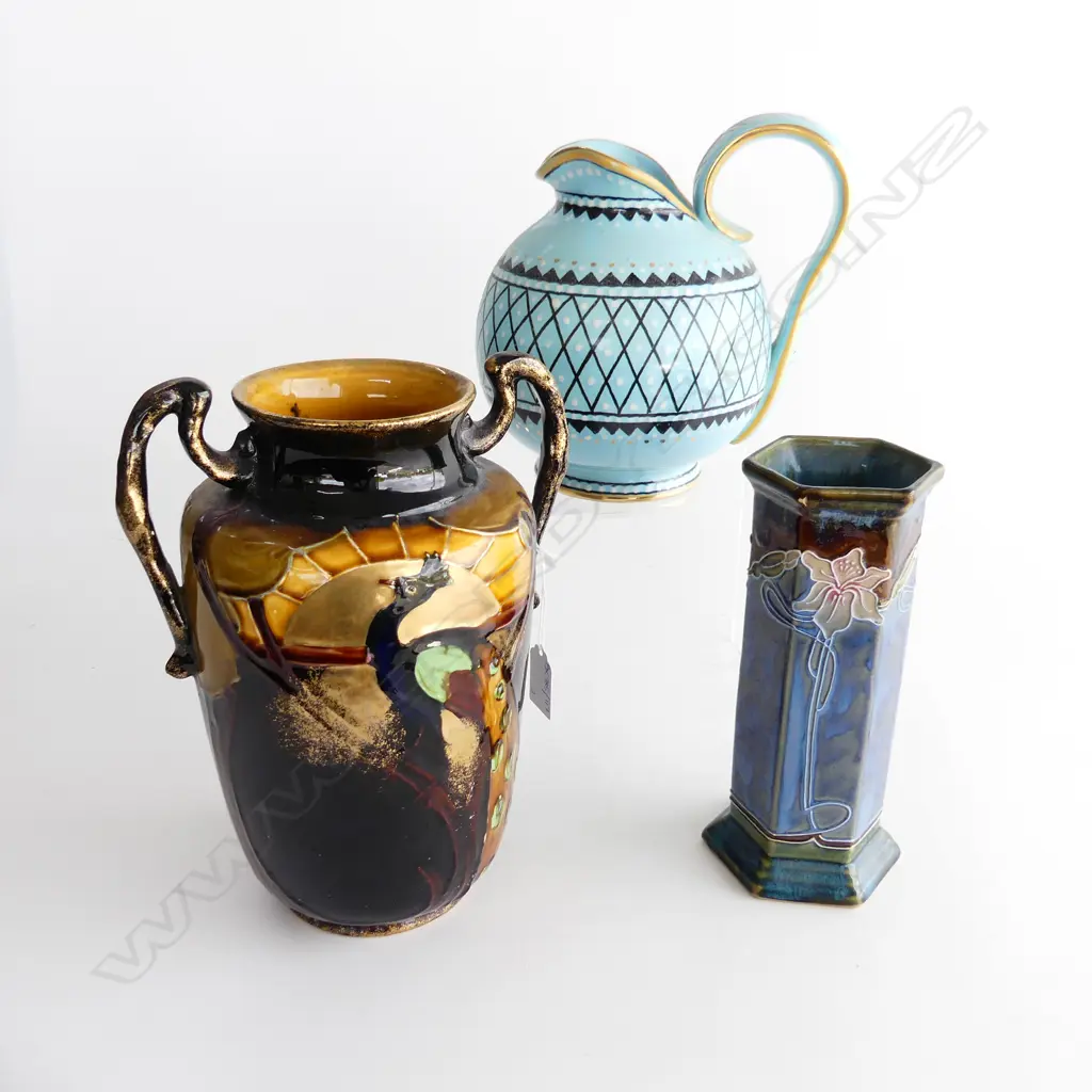 BLUE GOUDA JUG, PEACOCK VASE BY T FORESTER & SONS unmarked H.255mm, ART NOUVEAU STYLE VASE rim chip Image 1++
