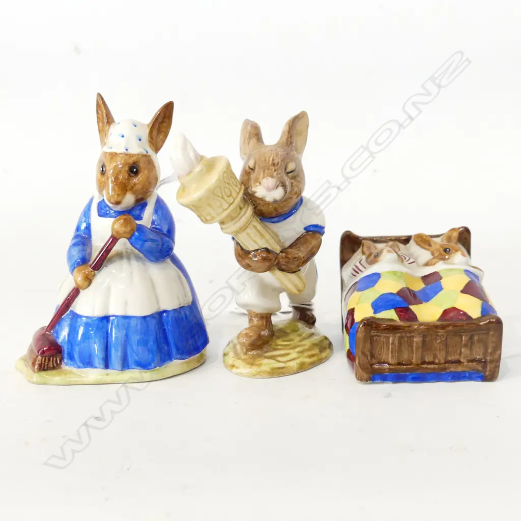 3 ROYAL DOULTON BUNNYKINS FIGURINES: CLEAN SWEEP, SLEEPYTIME & OLYMPIC BUNNYKINS Image 1++