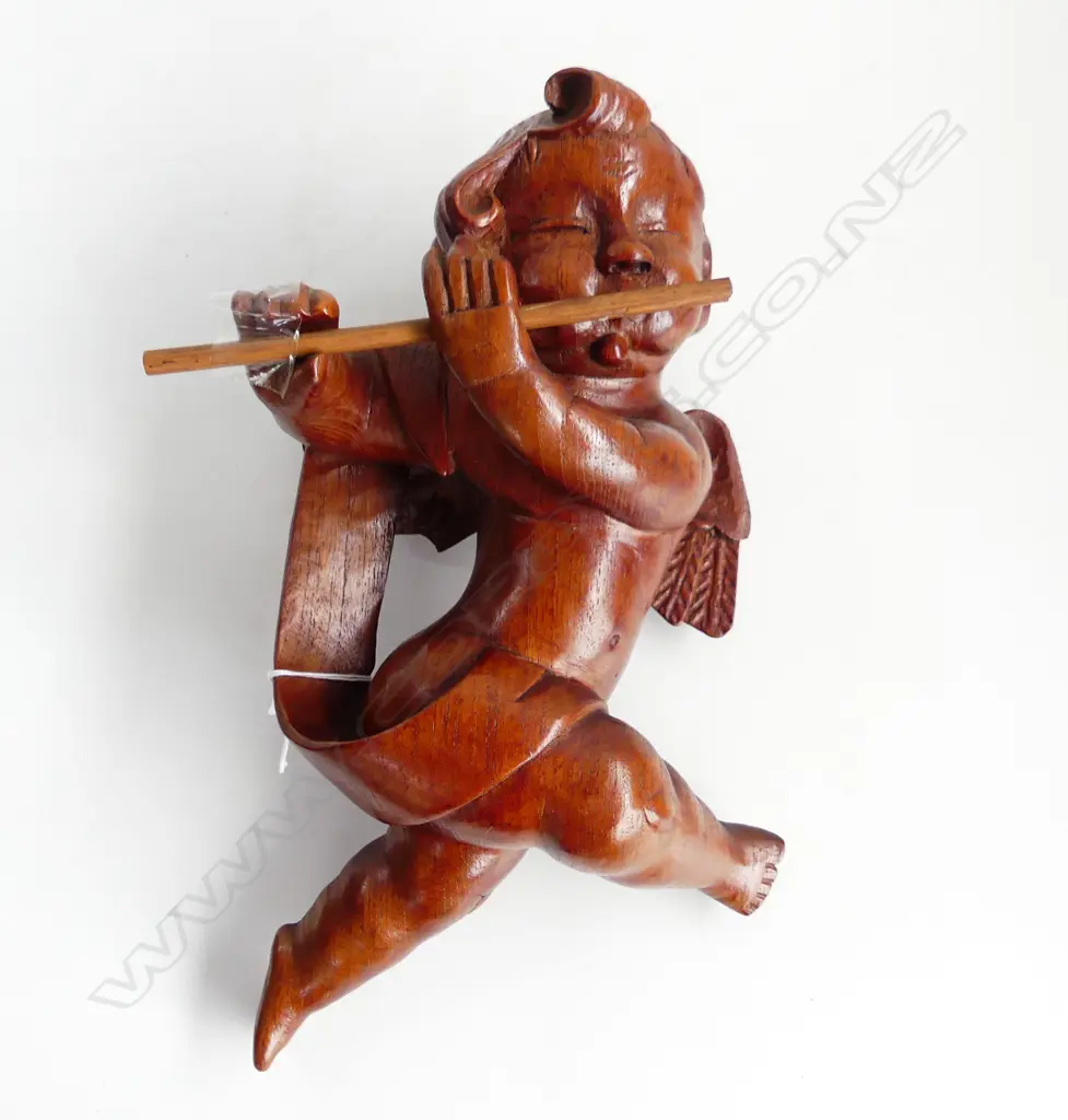 WOODEN CARVED FLUTE PLAYING ANGEL L 300 MM Image 1++