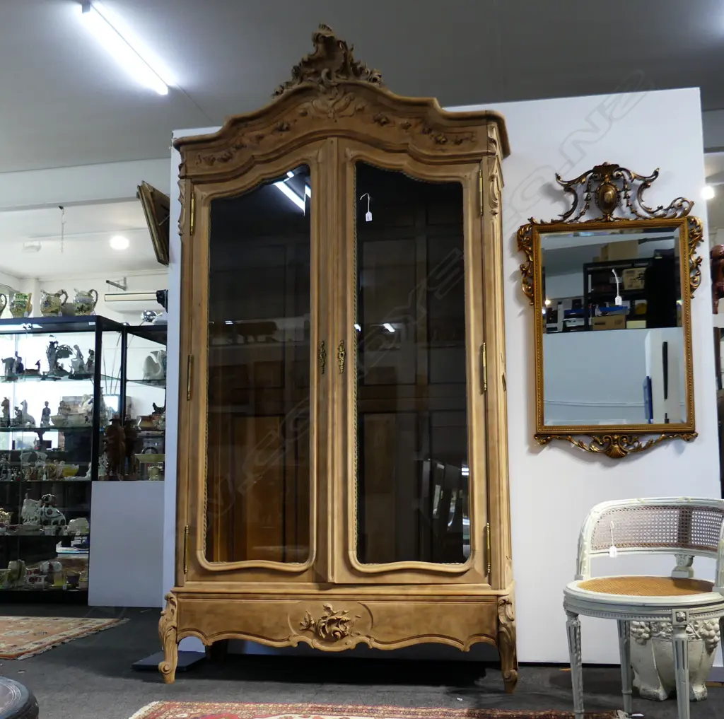 early 20thC PALE WALNUT ARMOIRE glazed shaped panelled doors Image 1++