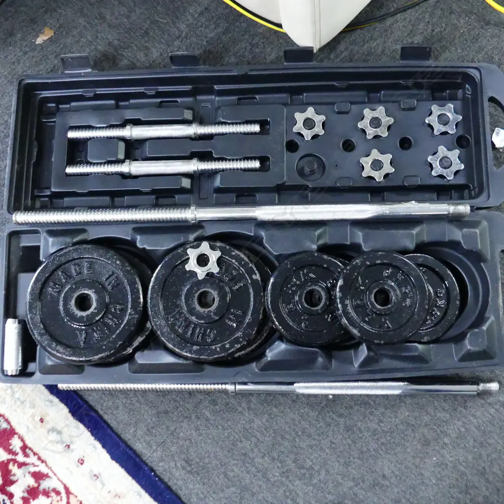 50kg CAST IRON BARBELL / DUMBBELLS SET, CASED Image 1++