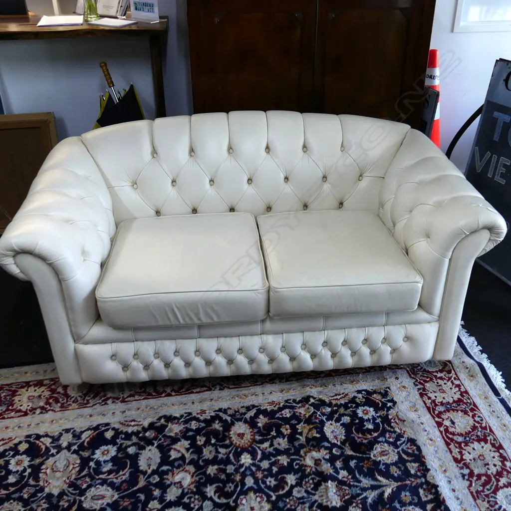 FULL GRAIN AUST. WHITE LEATHER 2 SEATER CHESTERFIELD SOFA 1700MM Image 1++