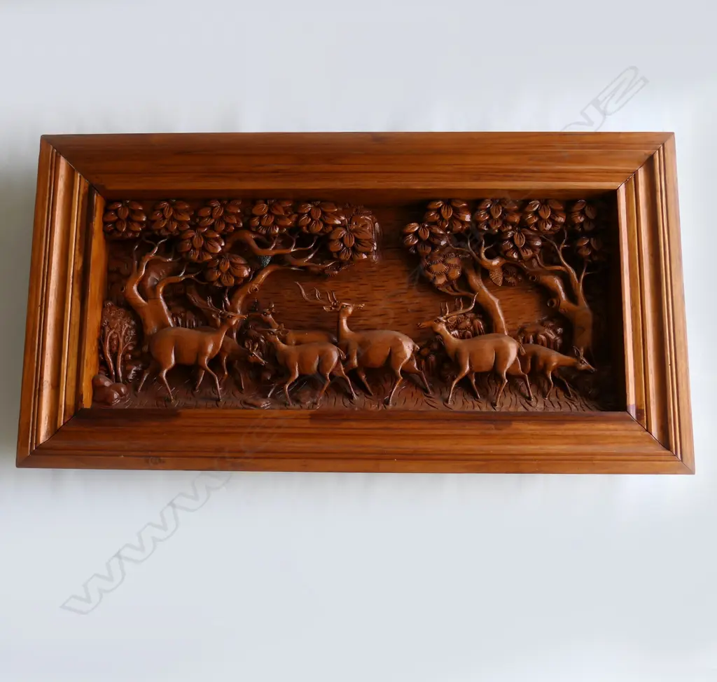 LG CARVED WOODEN ARTWORK; DEER IN FOREST 575x1085mm overall Image 1++