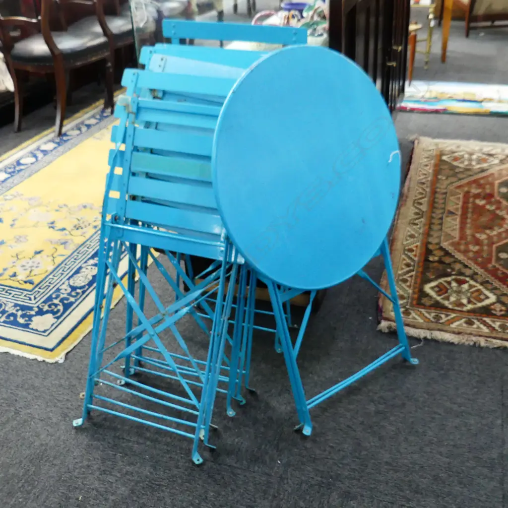 5 BLUE METAL FOLDING OUTDOOR CHAIRS + TABLE 600mm dia some wear Image 1++