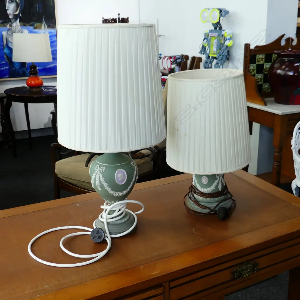 PR GREEN JASPERWARE TABLE LAMPS, H. 590mm & 450mm Image 1++