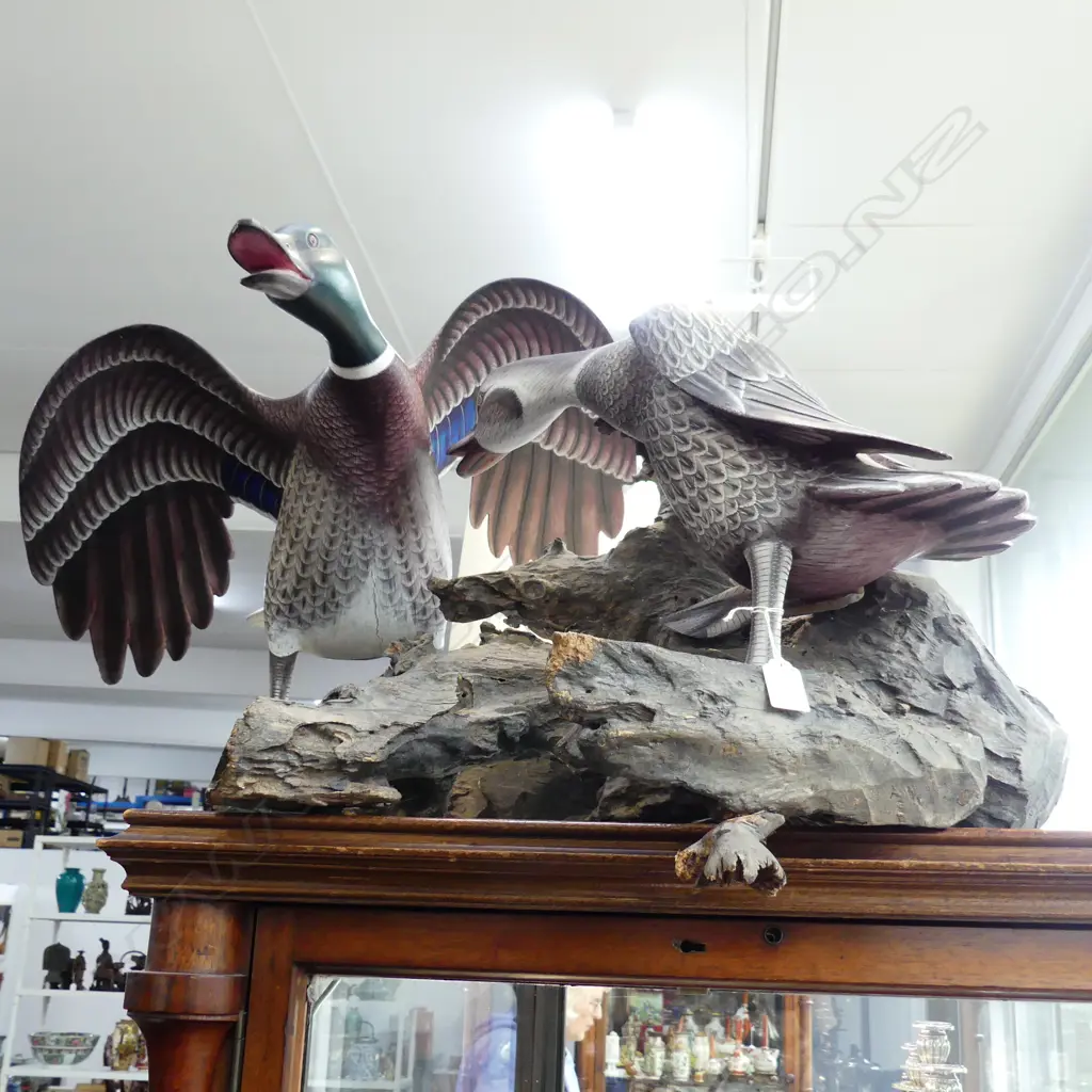 2 LG PAINTED CARVED WOODEN DUCKS ON DRIFTWOOD H.450 / W.900mm Image 1++