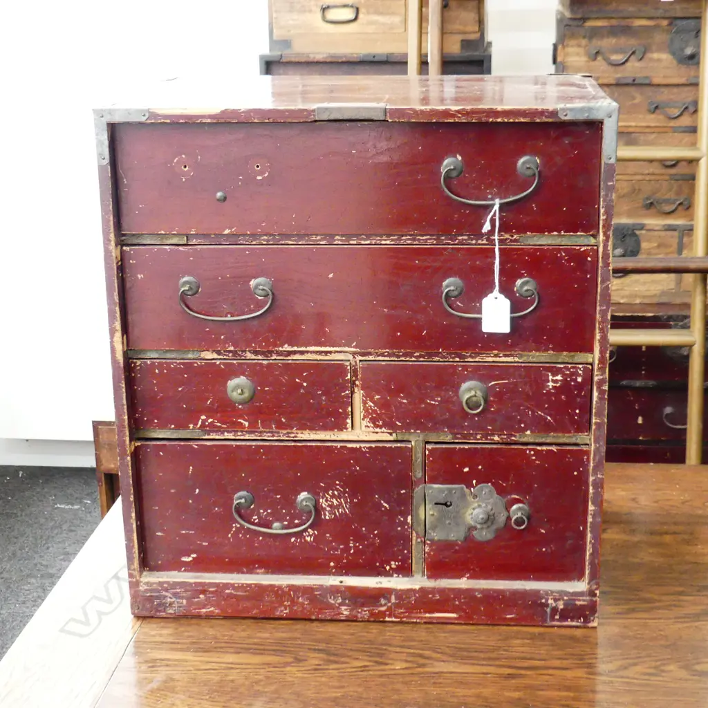 OLD JAPANESE TANSU COLLECTORS/BEDSIDE CABINET 6 drawer orig. red lacquer H.490mm. Image 1++