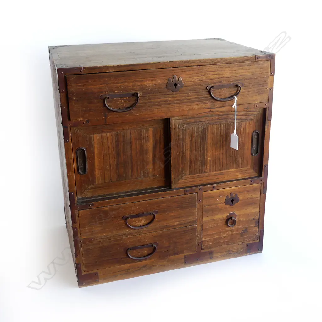 OLD JAPANESE SMALL CABINET pr doors 4 drawers bronze handles H.595mm Image 1++