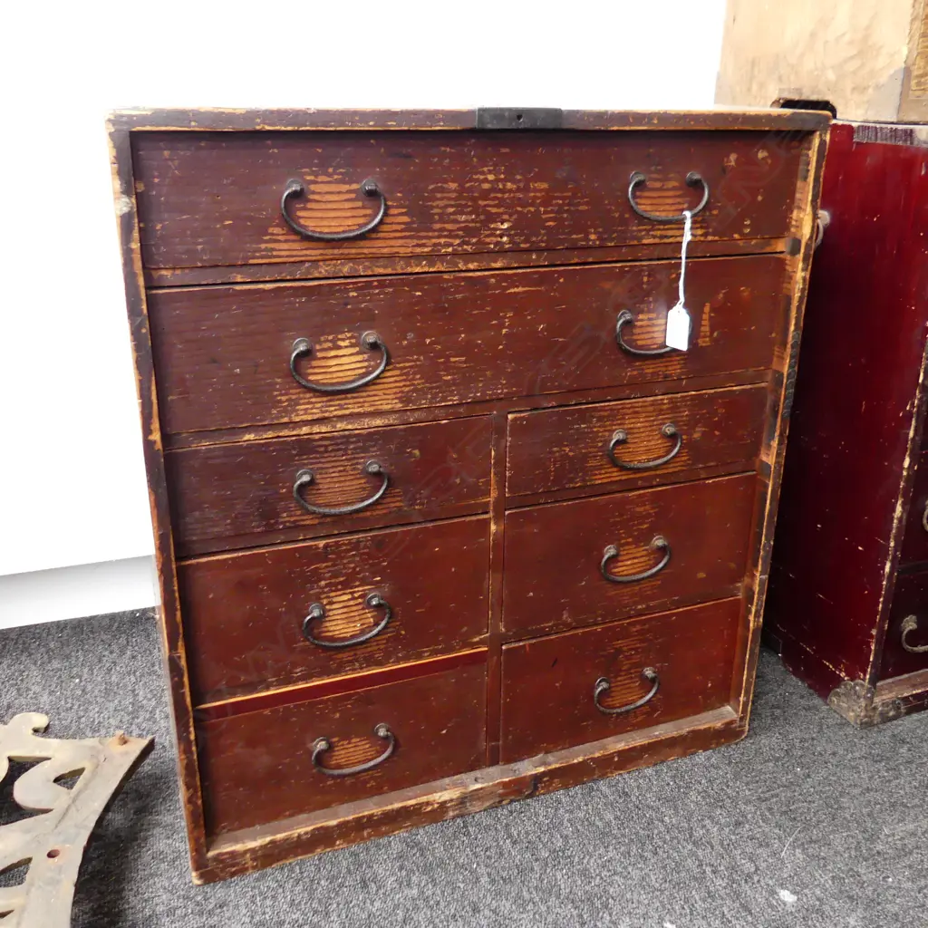 OLD JAPANESE TANSU COLLECTORS/BEDSIDE CABINET 8 drawer orig. dark stain H.640mm Image 1++