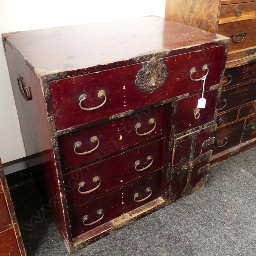 OLD JAPANESE TANSU COLLECTORS/BEDSIDE CABINET 7 drawer 1 door H.620mm. Image 1++