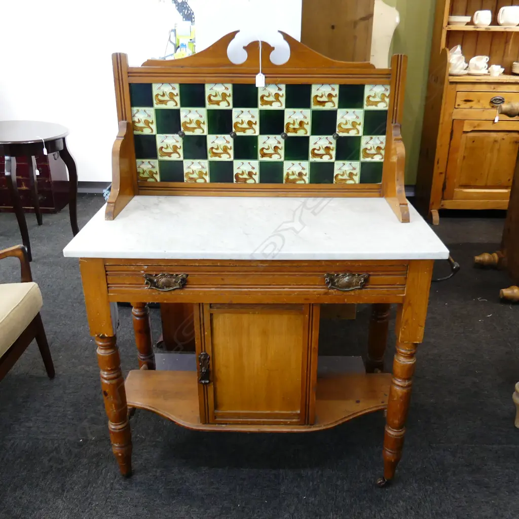 EDWARDIAN WASHSTAND - TILED BACK, MARBLE TOP Image 1++
