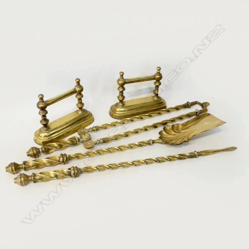 5 BRASS FIRE TOOLS; PR DOGS, POKER, TONGS, SHOVEL Image 1++