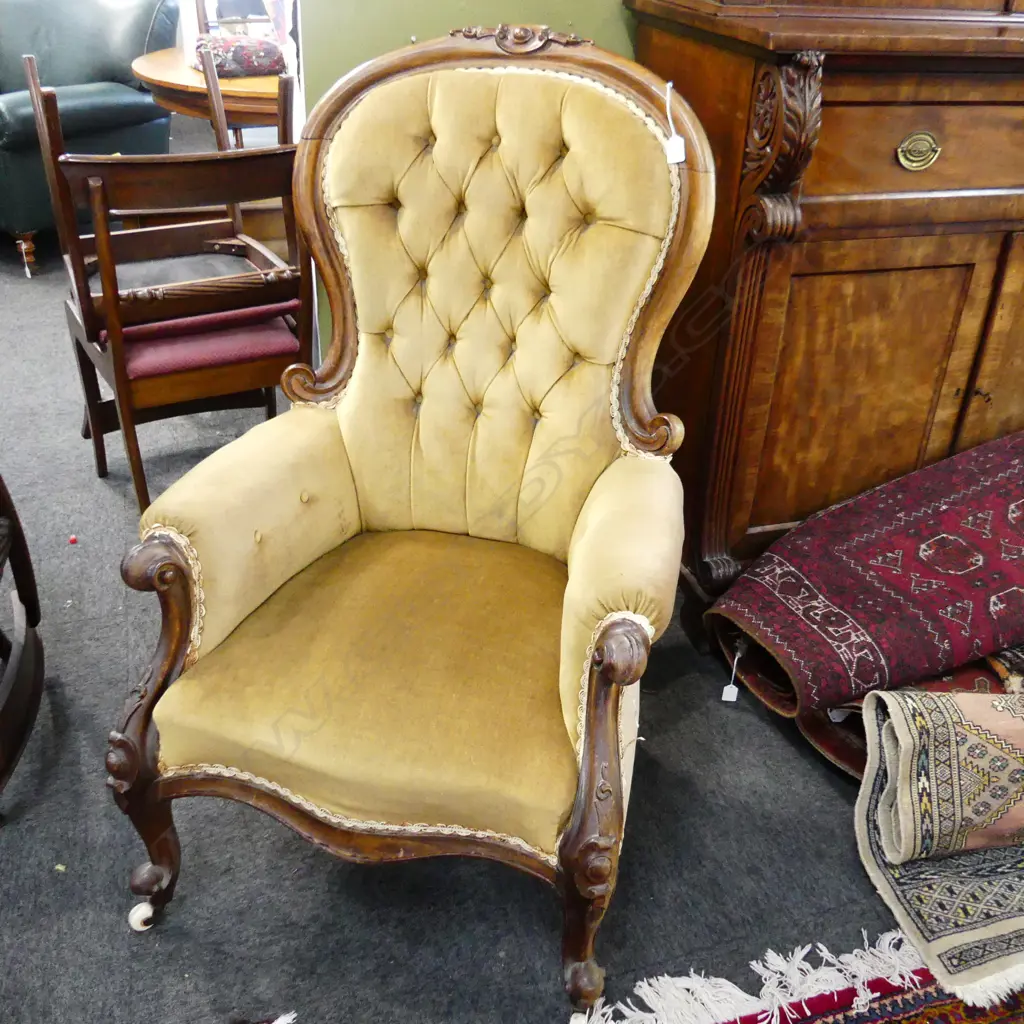 VICTORIAN GRANFATHER CHAIR VELVET UPHOLSTERY Image 1++