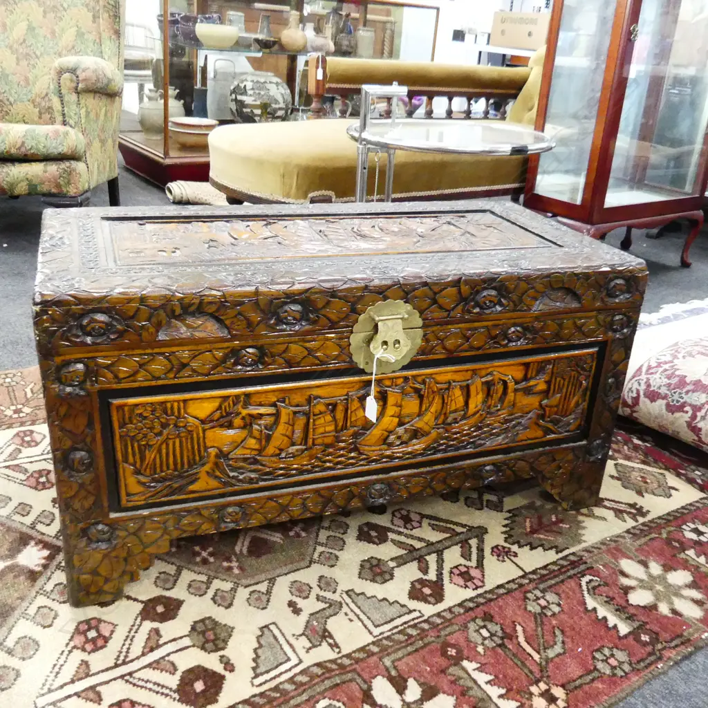 CHINESE CARVED CAMPHOR CHEST 880x430x460mm Image 1++