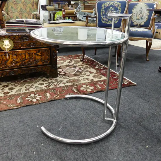 ADJUSTABLE CHROME & GLASS SIDE TABLE, E 1027 STYLE H.670 / 500mm dia
