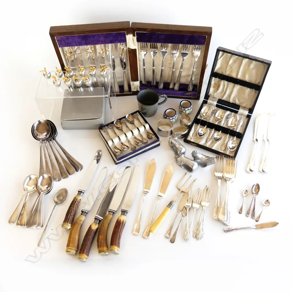 BOX LOT SILVER PLATE PEWTER & BOXED FISH SET TEASPOONS & PLACE CARD HOLDERS AS APPLES. Image 1++