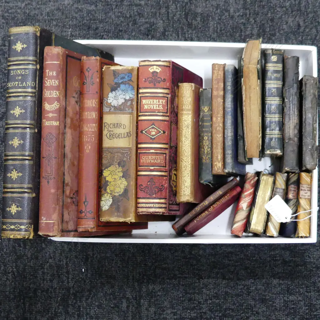 COLLECTION 21 ANTIQUE BOOKS SOME LEATHBOUND INCL. SONGS OF SCOTLAND, THE SEVEN GOLDEN CANDLESTICKS, WAVERLEY NOVELS ETC. Image 1++