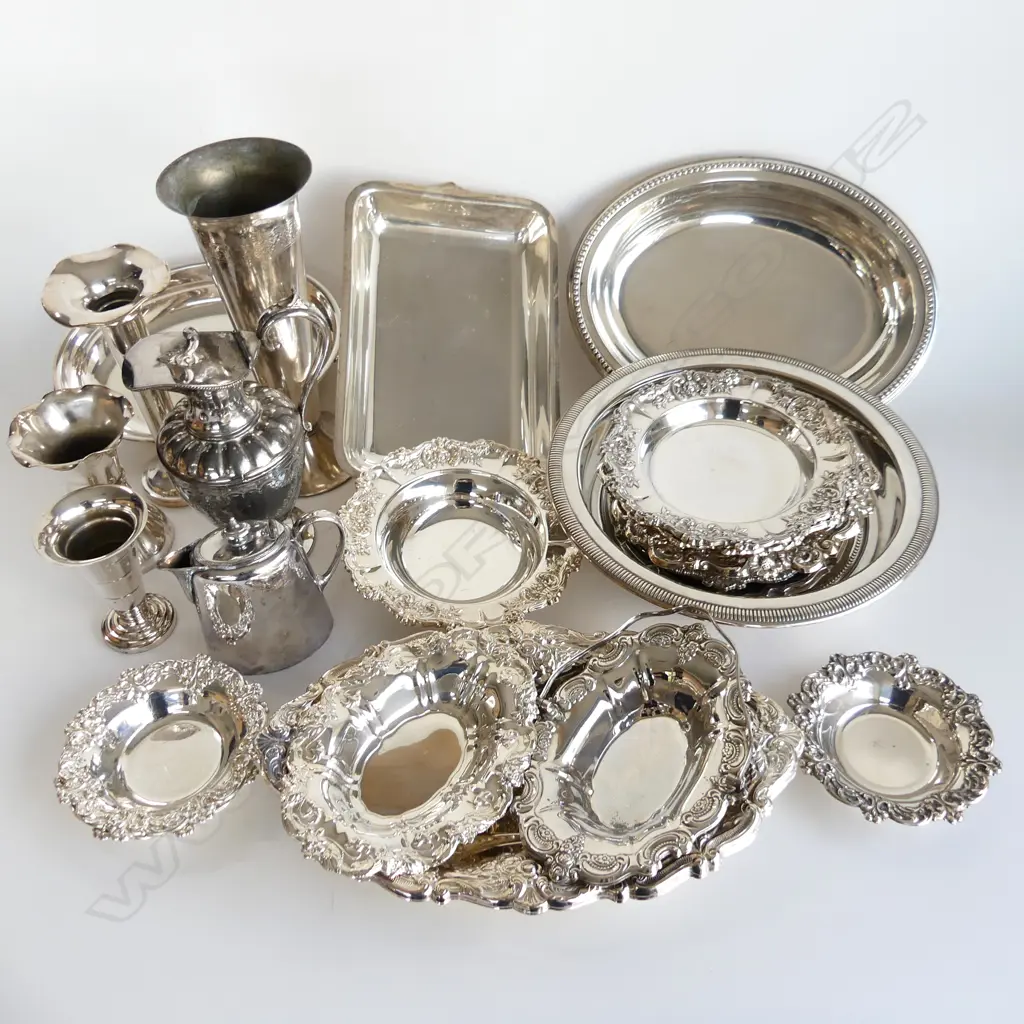 BOX LOT ASST SILVER PLATE TRAYS & DISHES, VASES ETC... Image 1++