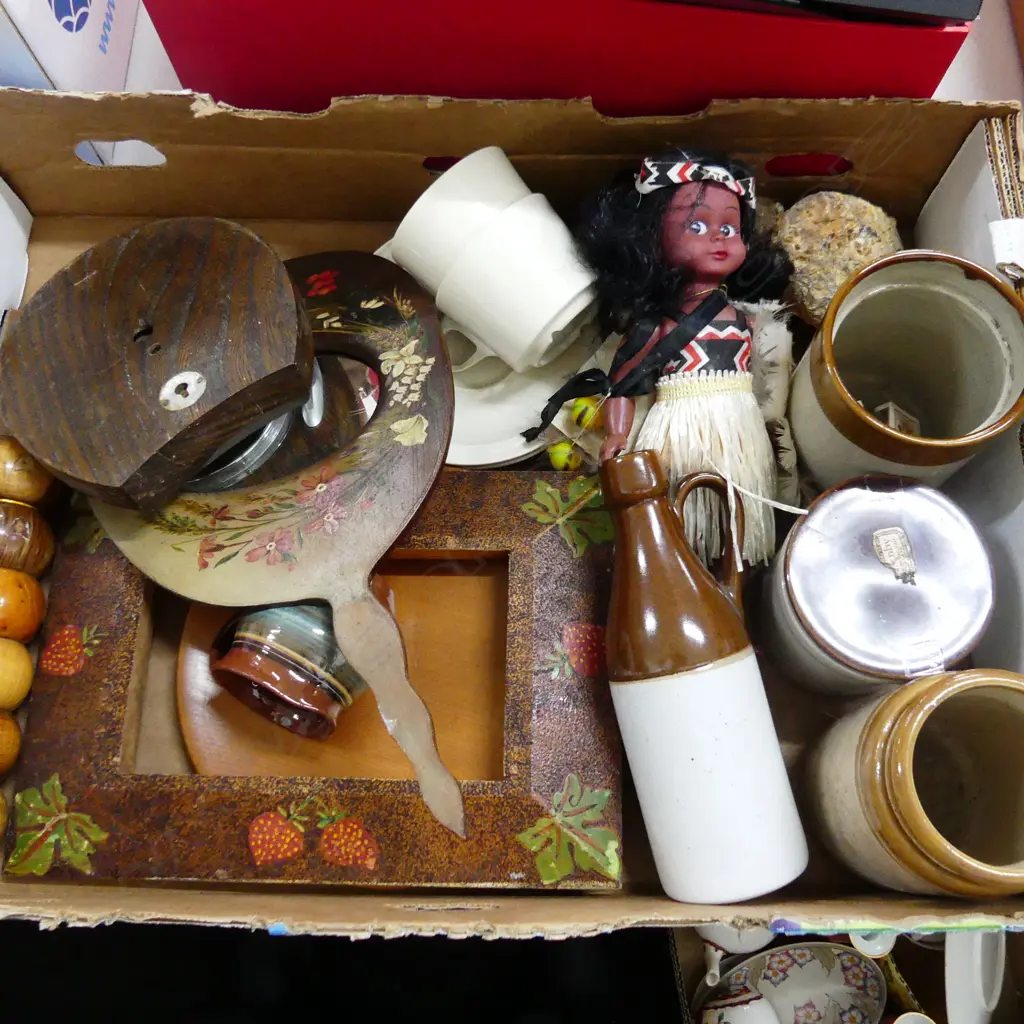 BOX – FOLK ART MIRROR & FRAME, BAROMETER, MAORI DOLL, KAURI GUM, STONEWARE BOTTLES, WOODENWARE ETC Image 1++