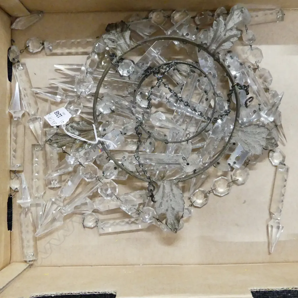 ANTIQUE SUSPENDED CUT CRYSTAL small LIGHT FITTING ormolu band & leaf fame Dia.260mm Image 1++