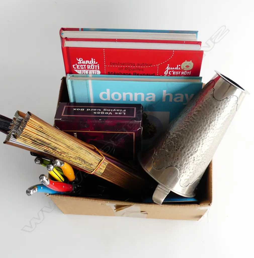 BOX LOT EP VASE, 6 FANS, GAMING CARDS, 3 COOK BOOKS ETC Image 1++