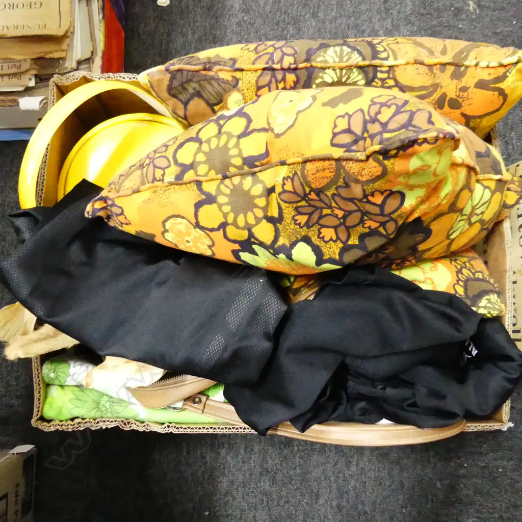 BOX LOT RETRO; CUSHIONS, BAG, YELLOW ICE BUCKET, ANIMAL SKINS, 3 RWC JERSEYS Image 1++