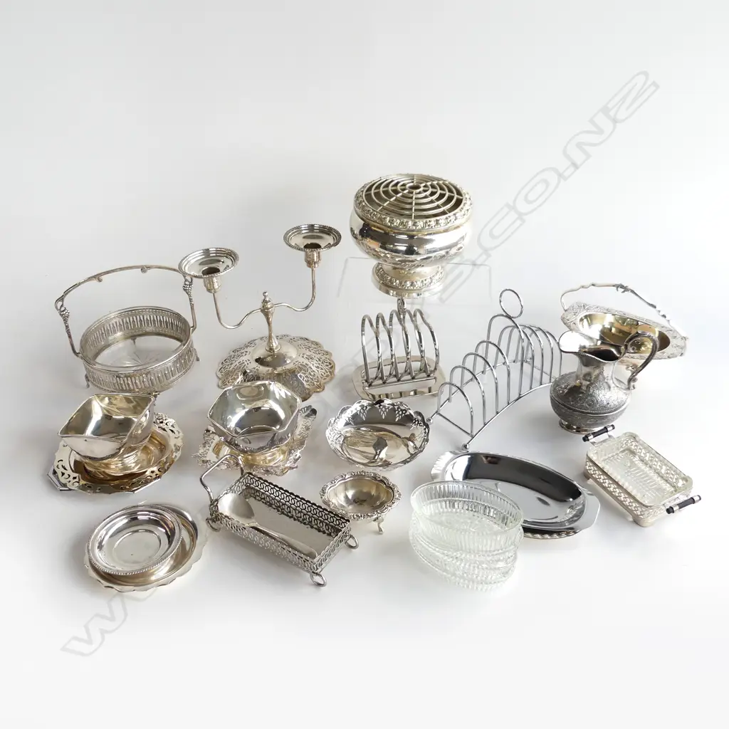 BIG GOOD LOT ASST SILVER PLATE, TOAST RACKS, ROSE BOWL, DISHES, SOME WITH GLASS INSERTS, CANDLE HOLDER ETC.. Image 1++