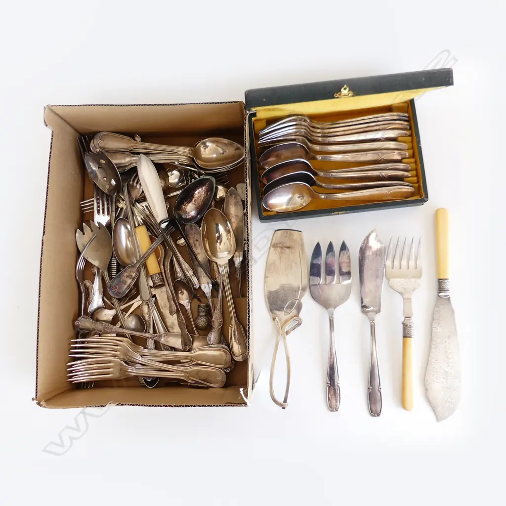 BOX LOT ASST. CUTLERY + 12 PCE FRENCH SET, CASED Image 1++