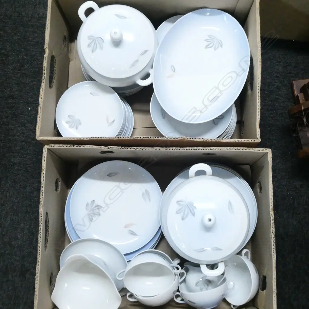 TWO BOXES CONTAINING A BING & GRONDAHL BL/WH DINNERSET. INCLUDES DINNER & SIDE PLATES TERRINES ETC.  Image 1++