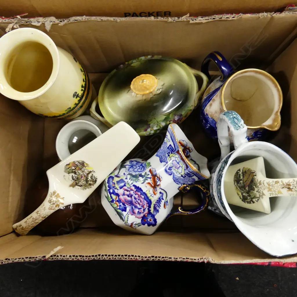 BOX LOT VINTAGE CHINA ETC.. INCL MALING JUG, HOMELAND SERIES INDIA VASE ETC.. Image 1++