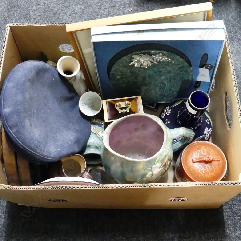 BOX LOT ASST. CHINA, HAT, ART, BOXED CHEESE BOARD ETC Image 1++