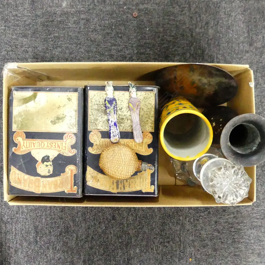 BOX ASST INCL OLD TINS, GLASS DECANTER ETC.. Image 1++
