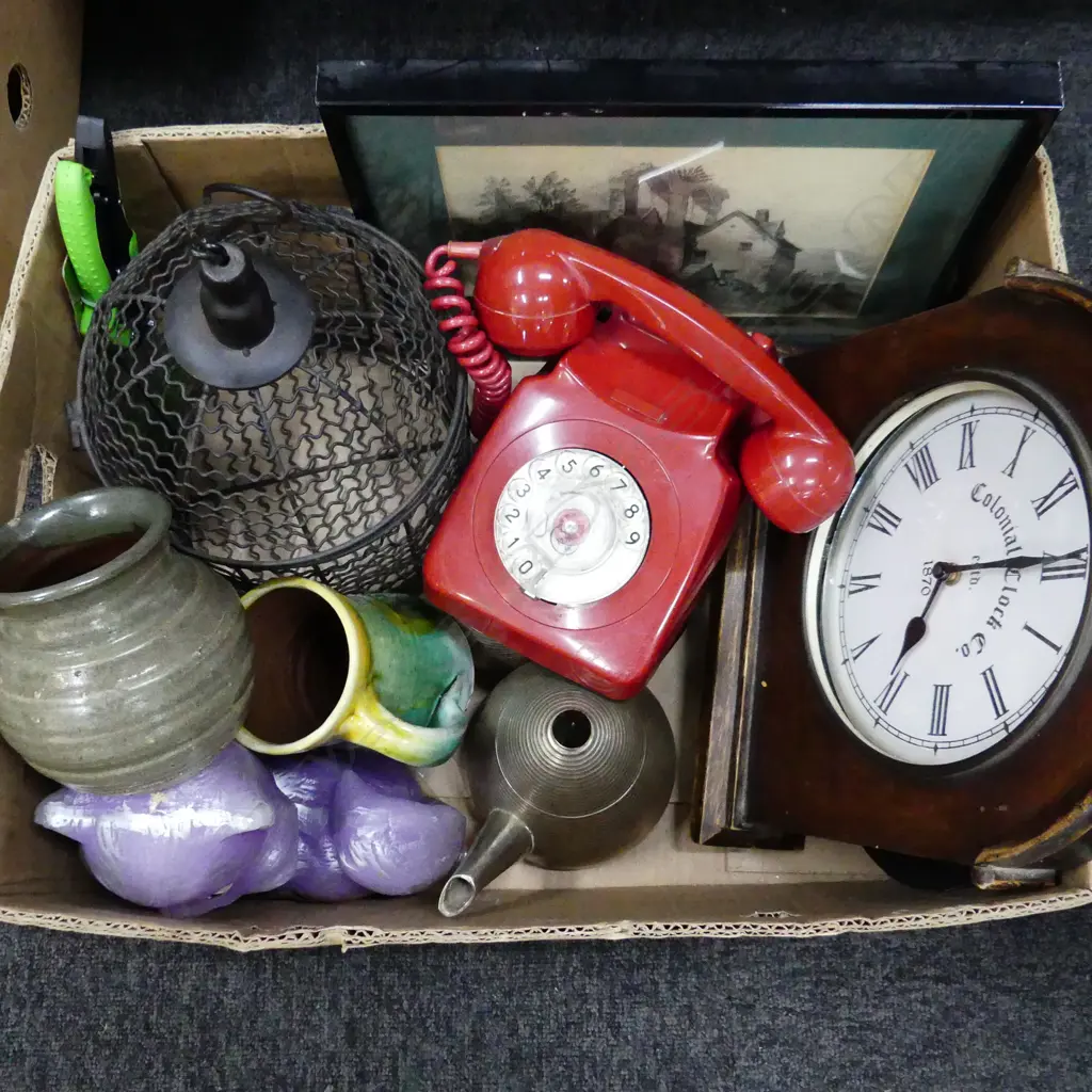 LOT ASST/CLOCK/BIRD CAGE/POTTERY/PENCIL DRAWING/RED PHONE ETC Image 1++